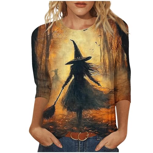 2025 Halloween Shirts for Women 3/4 Sleeve Witch Graphic Tees Vintage Festival Tops Crew Neck Sweatshirts Funny Gifts
