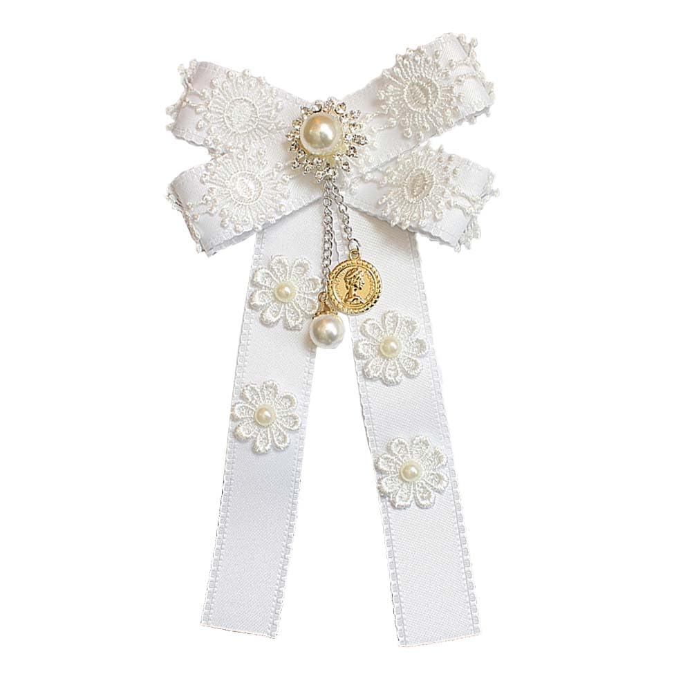 Lace Ribbon Bow Tie Brooch Rhinestone Pearl Necktie for Girl Women Fashion jabot collar brooch pins Pre-Tied Corsage