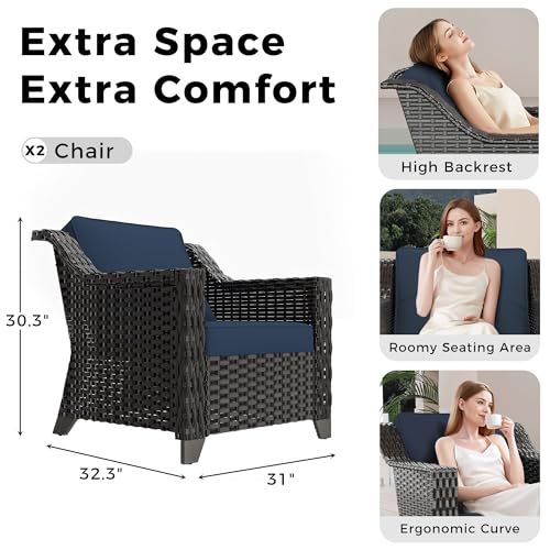 Image of Patio 2 Pieces Wicker Chairs Set of 2,Outdoor PE Rattan Armchairs, Water-Resistant Cushions with Removable and Washable Covers, Porch, Balcony, Sunroom (Navy Blue) | Patio Chair Set with Olefin Removable Cushion, All-Weather Armchairs with Deep Seat for Porch, Deck and Backyard, Blue