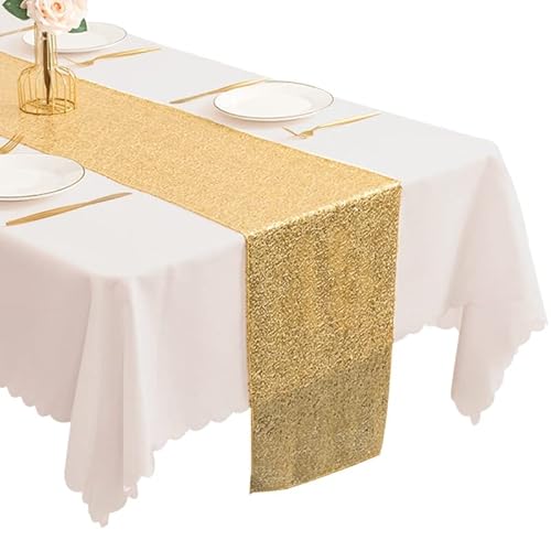 Hakiwina Tischläufer, Goldfarbene Pailletten 30x180cm Glitzernd Runde Pailletten Stoff Goldene Tischdekoration für Weihnachten Party Bankett Hochzeit Schönheit Weihnachten Tischdecke Cover