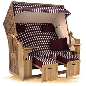 Strandkorb Hanse Ostsee XXL 2,  Sitzer Volllieger Natur Beige 150cm breit, ideal für Garten, Terrasse und Balkon (Rot Weiß Nadelstreifen, Zerlegt)
