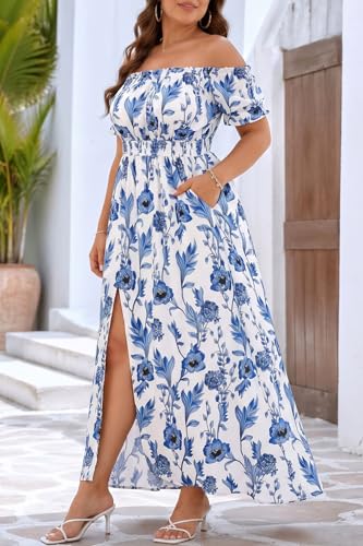 Image of Holipick Women's Off The Shoulder Boho Dress Plus Size Floral Smocked Waist Split Summer Maxi Sundress with Pockets