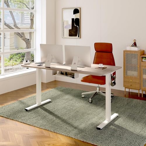 Image of FLEXISPOT EN2 Whole-Piece Standing Desk with Clamp Power Strip, 60 x 24 Electric Stand Up Height Adjustable Desk with Cable Management (White Frame + 55 inch White Wood Grain Desktop, 2 Packages)