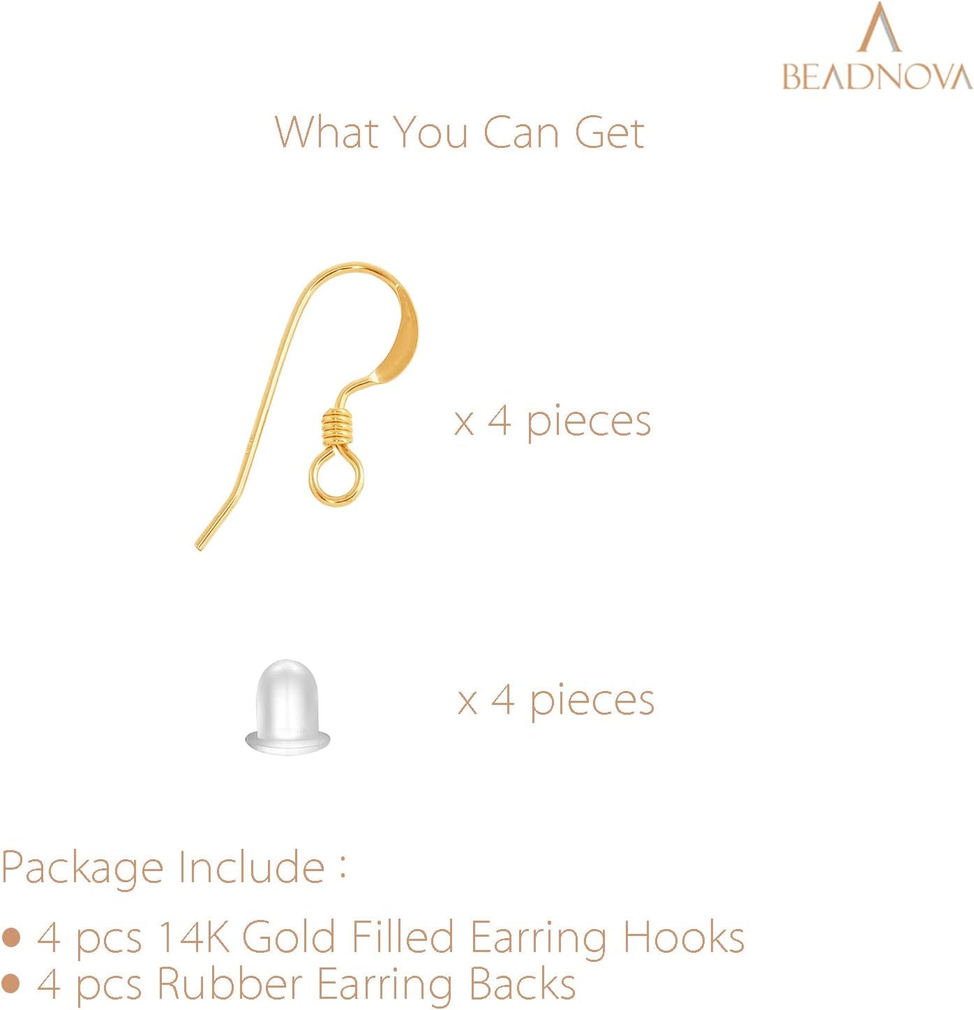 BEADNOVA Earring Hooks 4pcs 14k Gold Filled Earring Kits with Rubber Backs Ear Wire Hook for Jewelry Making DIY Ear Post Supplies (4pcs Earwires and 4 pcs Backs) - Image 3