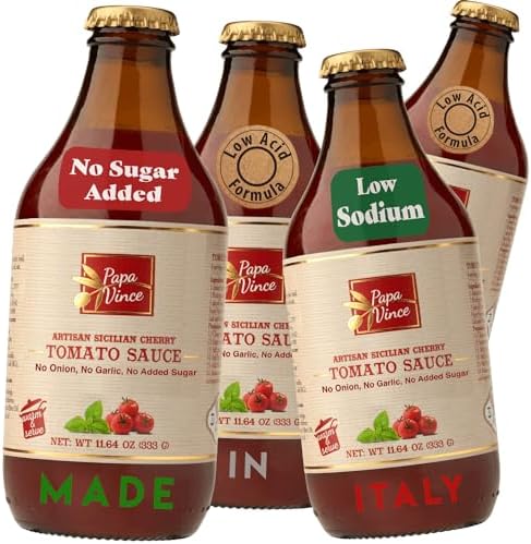 Papa Vince Low Acid Tomato Sauce, No Garlic No Onion, Made in Italy 4 Pack