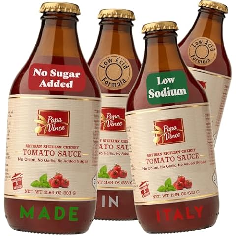 Papa Vince Pasta Tomato Sauce: Low Acid Garlic-Free Formula, Low Sodium, No Onion No Added Sugars. Non-GMO Gluten Free. Organic Cherry Tomatoes made in Sicily Italy. Small Batch. Exceptional Taste Cover
