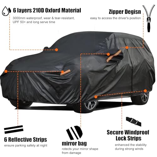 Image of Car Cover Custom Fit for Toyota 4runner, 210D SUV Car Cover Waterproof All Weather, 6 Layers Full Exterior Covers with Zipper Door & Windproof Bands, Mirror Pocket for Snow Rain Dust Protection