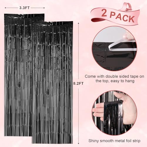 Image of Voircoloria 2 Pack Laser Black Foil Fringe Backdrop Curtains, Tinsel Streamers Birthday Party Decorations, Fringe Backdrop for Graduation, Baby Shower, Gender Reveal, Disco Party