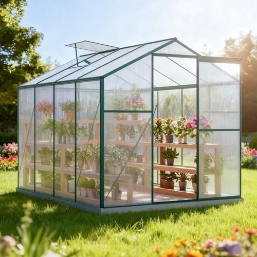 ECLIVON Gewächshaus Aluminium mit Fundament, Treibhaus mit Dachfenster und Tür, Frühbeet für Garten Terrasse, Tomatenhaus Pflanzenhaus für Aufzucht Pflanzen, Gartenhaus, 253x200x190 cm, Grün