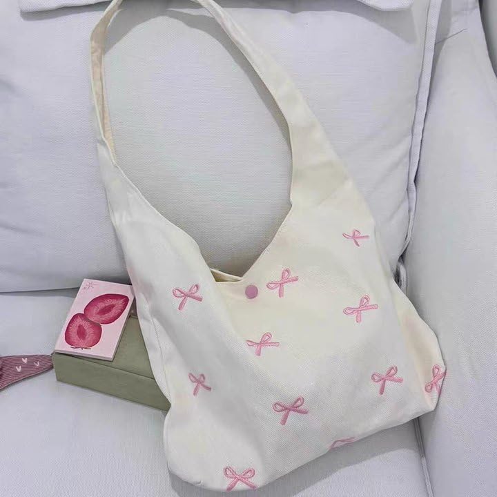 JQWYGB Bow Tote Hobo Bag Cute Shoulder Bags for Women Canvas Embroidery Tote Purses Slouchy Hobo Handbags2