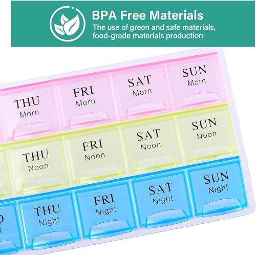Image of Large Weekly Pill Organizer 3X A Day, Moisture-Proof 7 Day Pill Box | Travel pill cases portable for pills, vitamins, fish oil, and supplements. Medicine organizer for daily use.