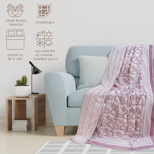 Image of TOAIArt Premium Jaipuri Dohar | AC Blanket Summer Quilt | Hand Block Printed | 3 Layers | Reversible | 150GSM 100% Mulmul Cotton| 100% Cotton Flannel Filling | Queen 90 inch X 108 inch|Vintage Pink Kalamkari