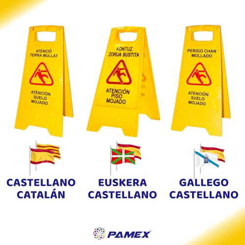 PAMEX Cartel de Suelo Mojado. Señal Plegable Señalización Advertencia Mojado Color Amarillo. Advertencia Superficie Resbaladiza. En Castellano y Euskera - imagen 4