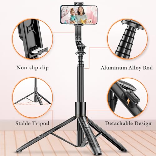 Image of 62 inch Aluminum Alloy Selfie Stick Phone Tripod with Wireless Remote Compatible with iPhone 17 16 15 14 13 pro Xs Max Xr X, Android /Samsung Smartphone Expandable for Travel Selfies Video Recording Vlog