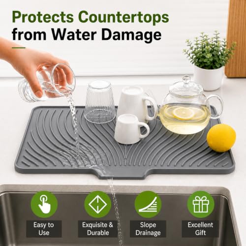 Image of Homeze Extra-Large Silicone Dish Drying Mat 60x48cm - Non-Slip Draining Board Mat for Kitchen Counter, Heat-Resistant & Rollable Drying Mat for Dishes, Utensils & Cookware