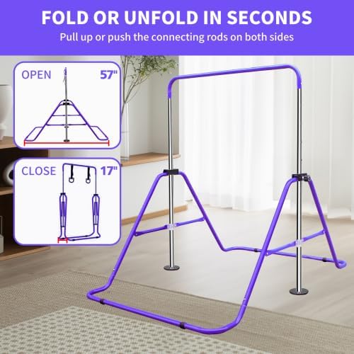 Expandable Gymnastics Bar for Kids, Height Adjustable Junior Training Bar with Rings, Folding Gymnastic Horizontal Bars Equipment for Home