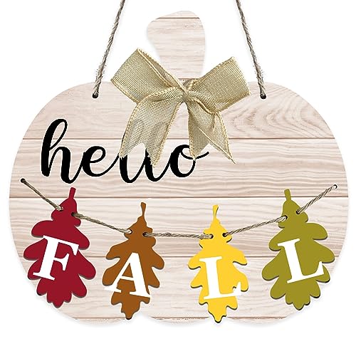 Hello Fall Pumpkin Door Sign Fall Autumn Farmhouse Sign Red Yellow Brown Green Maple Leaf Wood Home Decor