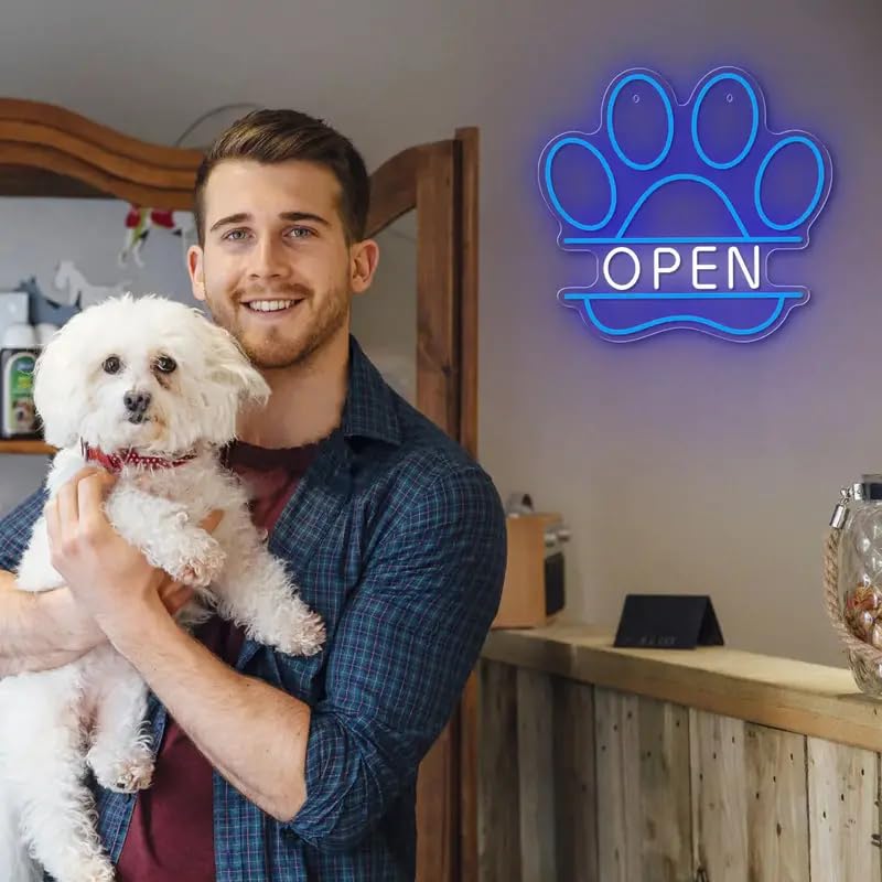 Image of LED Neon Sign Paw Print inchOPEN inch - Acrylic USB Powered Wall Hanging Light for Bedroom, Office, Club, Art Decor Paw Open Neon Light with Switch Control