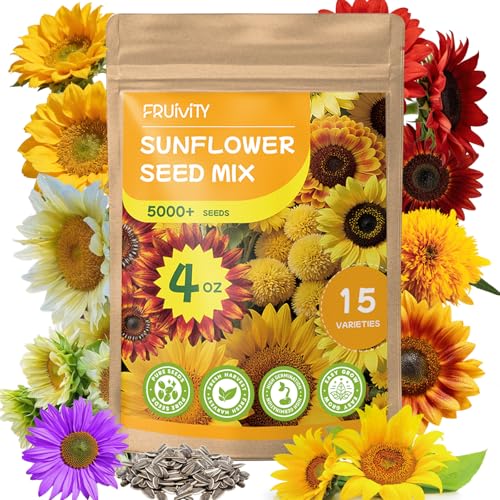 Fruivity 15+ Varieties 5000+ Sunflower Seeds for Planting 4 Oz Heirloom Sunflower Mix Seeds to Plant (Giant Mammoth Dwarf) Garden Variety Pack High Germination Attracts Pollinators
