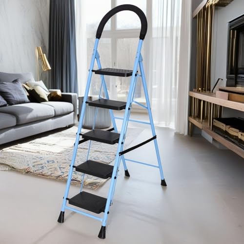 FLIPZON Halo Foldable 5 Step Ladder for Home and Office Use | Alloy Steel | Wide Steps | Wobble-Free | Skid-Free Steps | Durable Safety Ladder | Rust Free | Anti-Skid (Sky-Blue & Black)