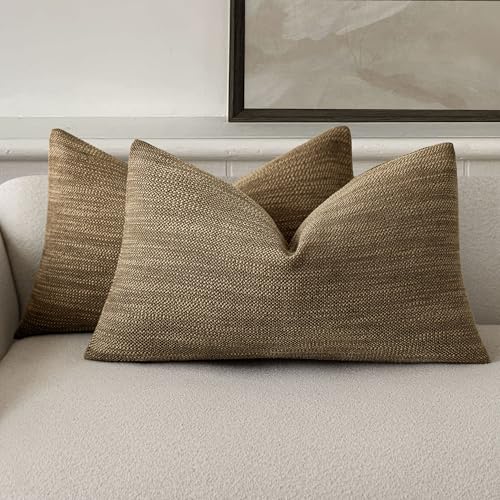 Image of Foindtower Set of 2 Decorative Textured Burlap Linen Throw Pillow Covers Farmhouse Boho Lumbar Cushion Cover Solid Accent Pillowcase for Couch Sofa Bed Living Room Home Decor,12x20 Inch,Cocoa Brown