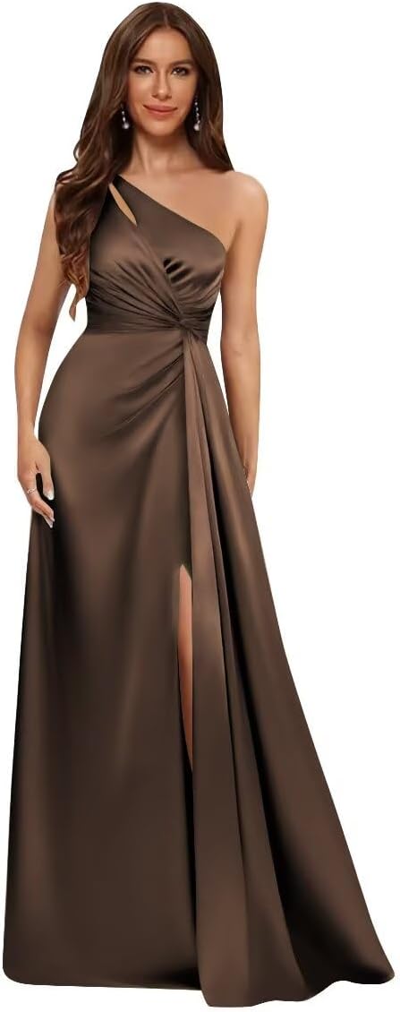 One Shoulder Satin Bridesmaid Dresses Long with Slit Pleated A Line Formal Dress for Women