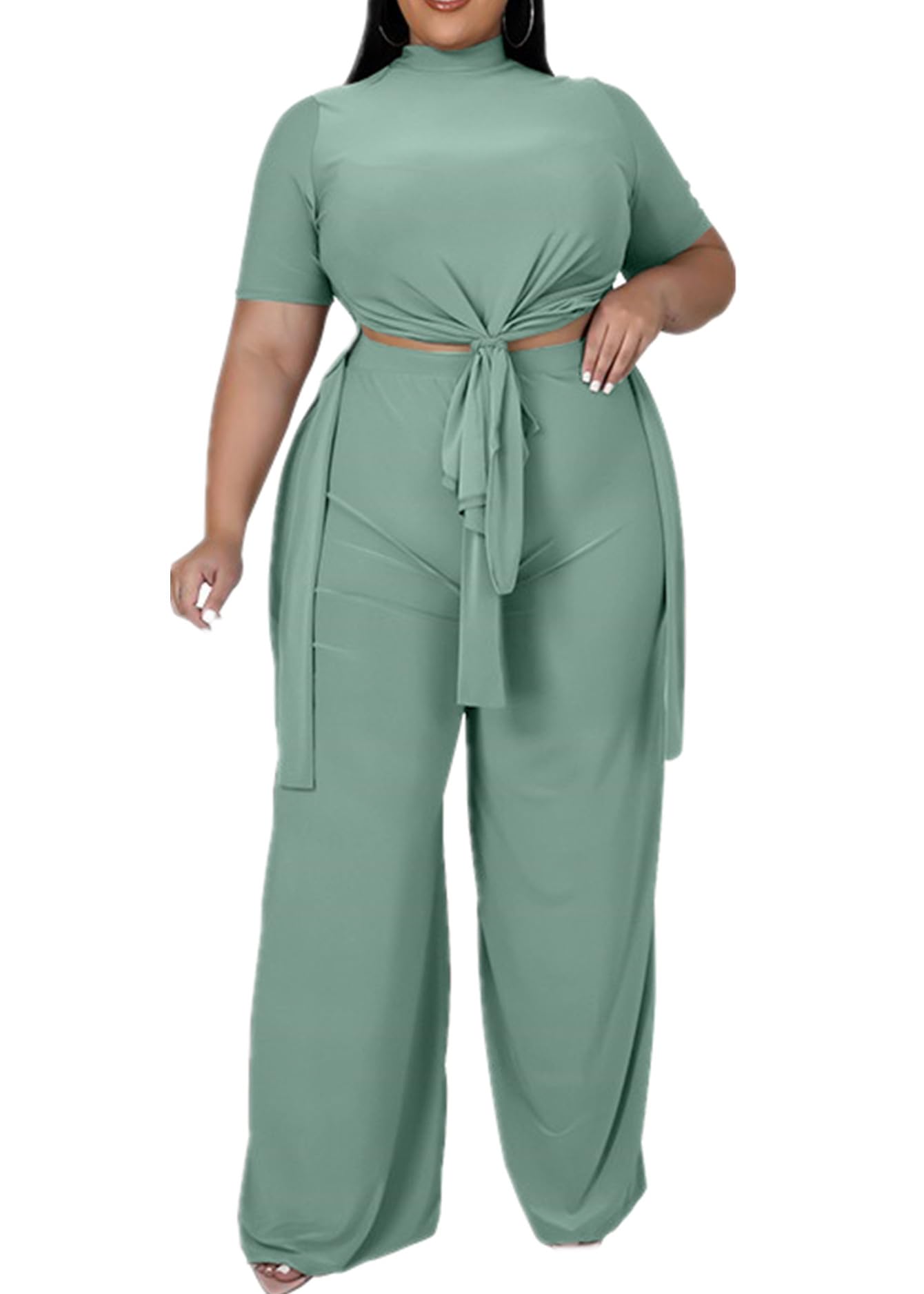 MRSFITOK Wide Leg 2 Piece Outfits for Women Sweatsuit Sexy Short Sleeve Split Shirt Pant Set Casual Tracksuits