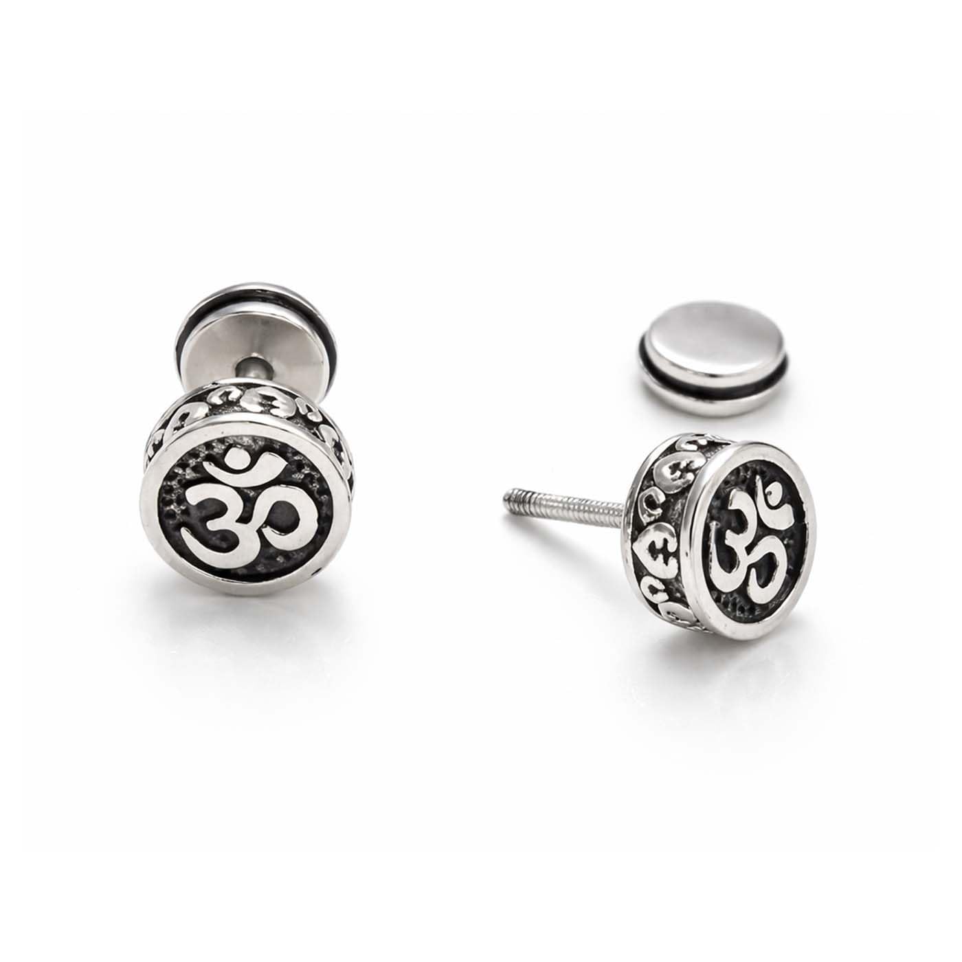 (1 Pair) Unisex Fancy & Stylish Stainless Steel Oxidized Silver Plated Shiv Om Symbol Screw Back Stud Ear Piercing Earrings for Men & Women | Spiritual Religious Jewelry-image-43