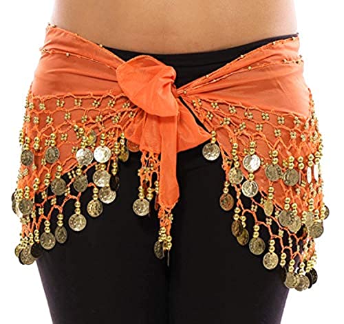Image of VRITRAZ Women's Chiffon Belly Dance Hip Scarf Waistband Belt Skirt Mixed Colors Beads and Golded Coins 56 Black
