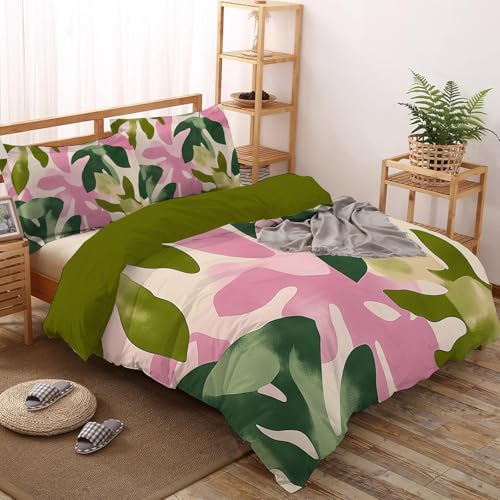 Housse de couette vert olive clair motif monstera adulte linge de lit microfibre 200x200
