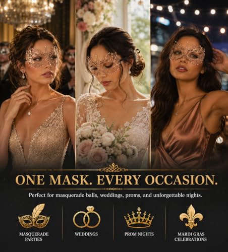 Image of Masquerade Mask for Women with Rhinestones - Elegant Metal Half Face Mask for Masquerade Parties, Mardi Gras, & Themed Events
