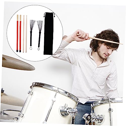 Conjunto de baquetas TOYANDONA, 1 set con cepillos retráctiles de alambre de acero y varillas de bambú, accesorios esenciales para bateristas, incluye bolsa transportadora miniatura 3