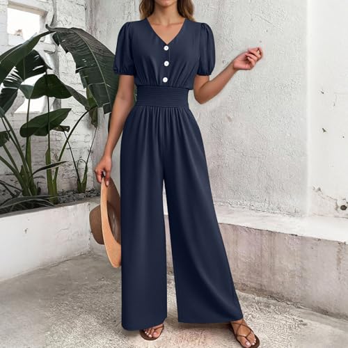 Image of HGps8w Jumpsuits for Women Dressy 2026 Summer Button Front V Neck Puff Sleeve Elegant Wide Leg Pants One Piece Romper