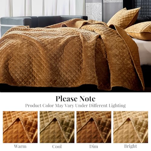 WARMDERN Velvet Quilt Queen Size, Luxury Geometric Stitch Quilt Set, Lightweight Diamond Patterned Bedspread and Coverlet, Soft Comforter for All Seasons, Burnt Orange, 90" x 96"