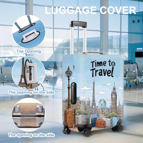 Image of Travel-Themed Luggage Cover with Paris and London Landmarks - Eiffel Tower Big Ben Design with inchTime to Travel inch Quote - Fits 32 inch to 34 inch Suitcase,XL