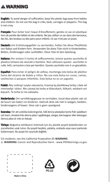 Warning label regarding plastic bag suffocation hazard and California Proposition 65 warning.