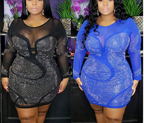 Image of IyMoo Womens Sexy Plus Size Long Sleeve Rhinestone Mesh See Through Bodycon Party Club Mini Dress Clubwear