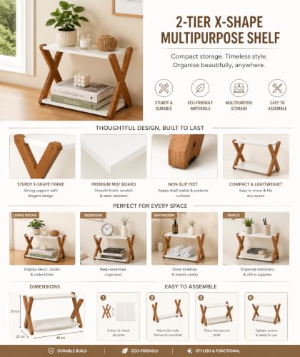 Image of 2-Tier Side Table with X-Frame Wooden Legs, White and Brown
