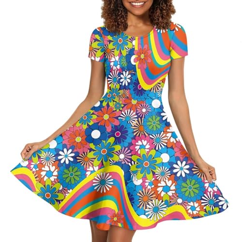 Image of POLERO Sunflower Dress for Women Floral Summer Dresses Short Sleeve Casual Sundresses Midi Dresses