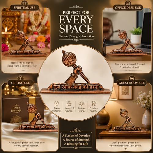 Image of Hanuman Gada Idol for Car Dashboard (Height - 5.5cm)| Bajrangbali /Anjaneya with inchTum Rakshak Kahu Ko Darna inch Quote | Gold Plated Vastu Protection Showpiece & Spiritual Gift (Antique Copper)