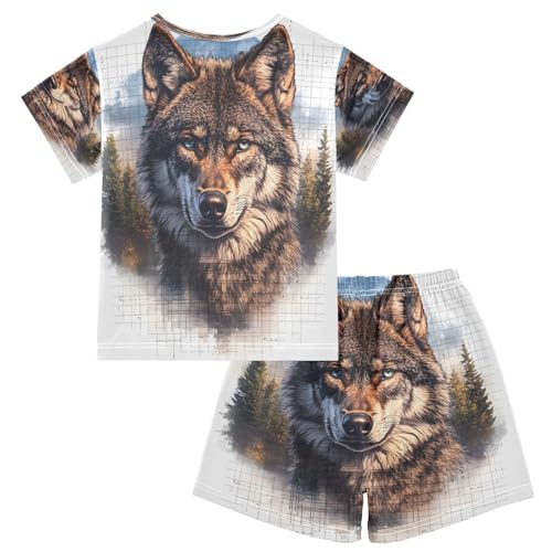 ALAZA Wolf Watercolor Landscape Pajamas Set Short Sleeve Cotton Sleepwear Summer Pjs 2 Piece 5-14Y2