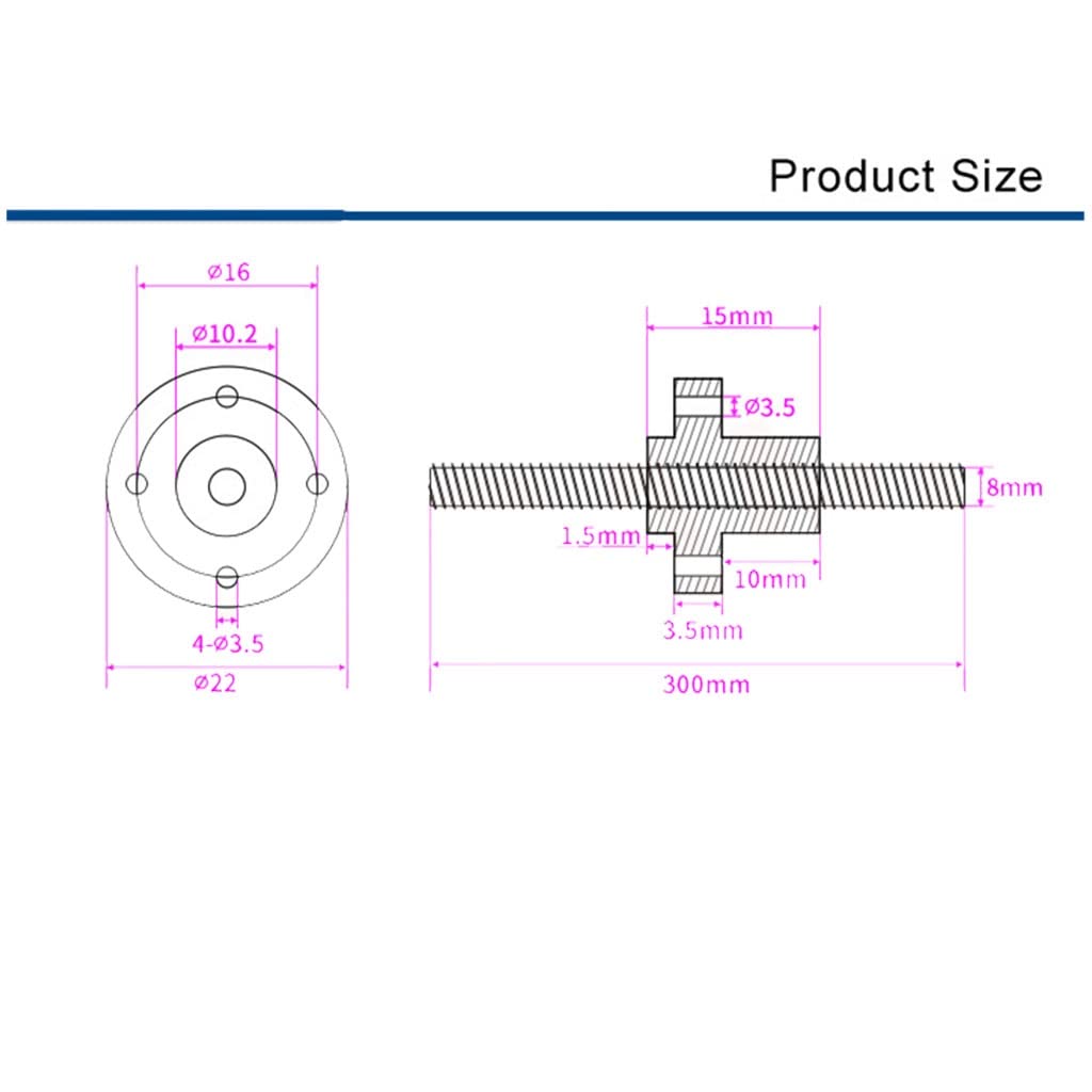 Husillo trapezoidal, Tornillo de avance con tuerca cobre, DE 8 mm, 2, paso 4(150mm)