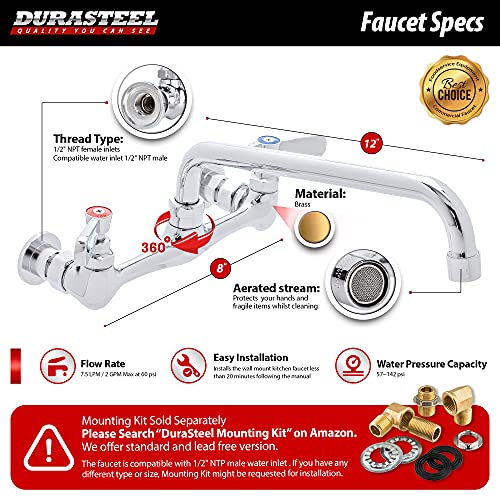 Kitchen Sink Faucet Wall Mount - Durasteel 8" Center Commercial Kitchen Sink Faucet With 12" Swivel Spout - Dual Lever Handles - Brass Constructed & Chrome Polished #TOP4
