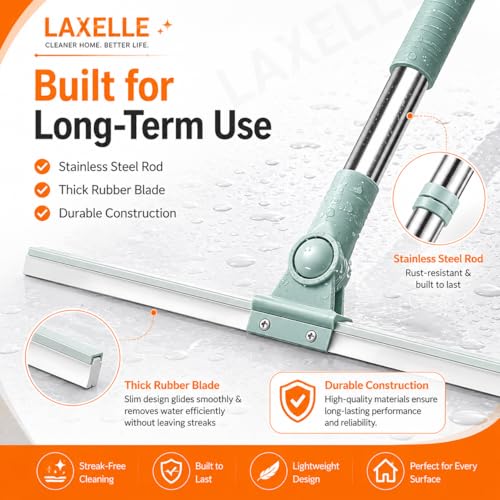 Image of Floor Wiper with Silicone Blade, Magic Broom Water Squeegee, 180 Swivel Head with Adjustable Long Handle for Bathroom, Tiles, Marble, Glass, Balcony & Floor Cleaning, Sage Green