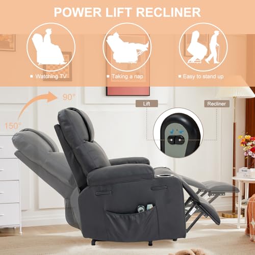 Image of Power Lift Recliner Sofa Chair, Electric Stand Assit for Elderly People, Leather Reclining Chair with Cup Holders, Massage & Heat Functions, Living Room or Bedroom Furniture for Resting, Black