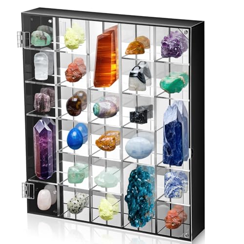 Cinnvoice 30 Grid Rock Display Case Adjustable Acrylic Display Case with Mirrored Crystal Organizer for Collectibles, Mineral Crystal, Stones, Wall Mountable, Magnetic Door Design