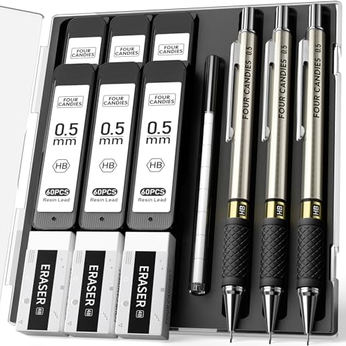 Critérium en métal premium 0,5 mm pour dessin d'art avec recharges et gommes Four Candies