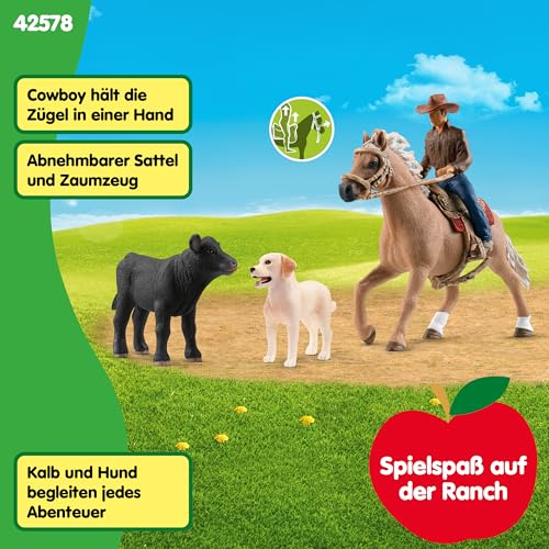 SCHLEICH Farm World | Westernreiten 42578 | Bauernhof Set mit Cowboy, Pferd, Kuh und Hund sowie Zaumzeug & Sattel | Western Rodeo Zubehör | Bauernhof Spielzeug ab 3 Jahre Set aus 6 Teilen