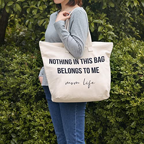 Image of ELEGANTPARK Baby Shower Gifts for New Mom Life Tote Bag Mothers Day Christmas Birthday Valentines Day Gifts for Mom to be Canvas Tote with Zipper and Pocket Shoulder Bag Cotton Ivory