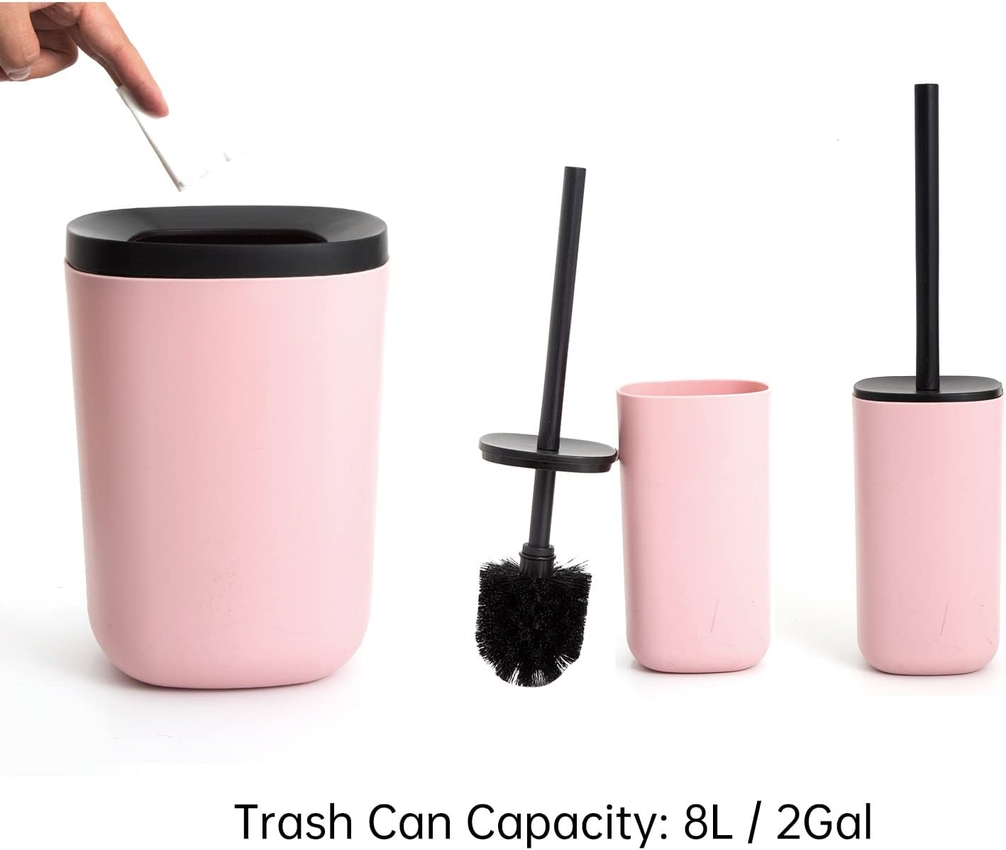 Bathroom Accessories Set of 6 Complete, Toothbrush Holder, Soap Dispenser, Garbage Trash Can, Soap Dish, Toothbrush Cup and Toilet Brush Holder, Pink